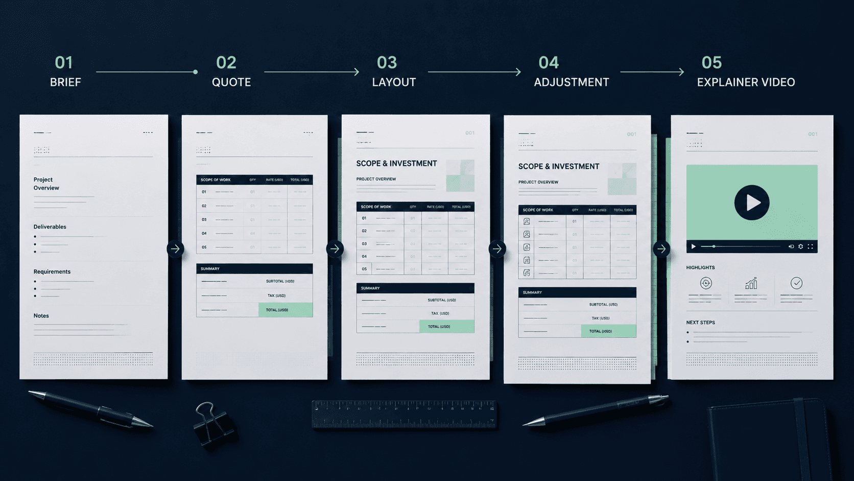 Five-step quotation document workflow