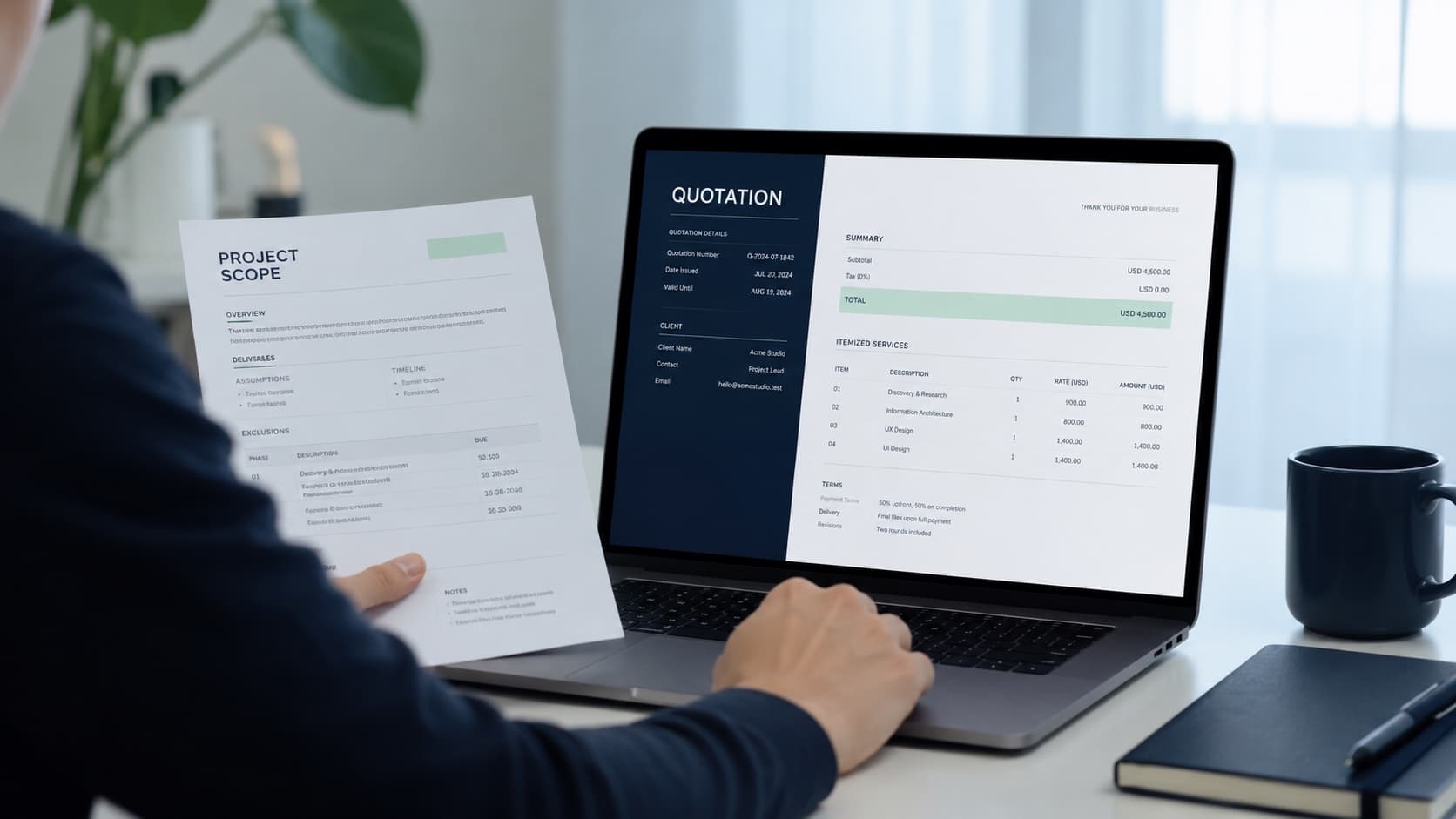 Freelancer reviewing a quotation at a desk